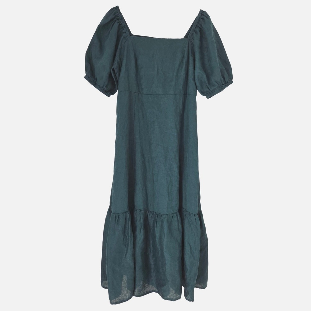 Garnet Hill Linen Midi Dress M Teal Puff Sleeve Square Neck Smocked Cottagecore